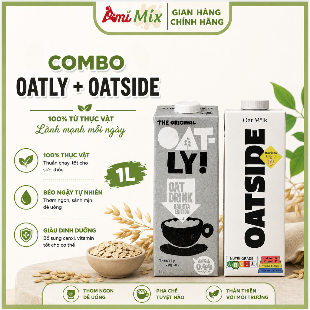 [COMBO MIX 2 Hộp] Sữa Yến Mạch Nguyên Vị Oatside 1L + OATLY Barista Edition 1L
