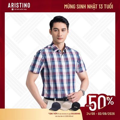 Sơ mi nam tay ngắn ARISTINO màu trắng kẻ hồng ASS025AZ