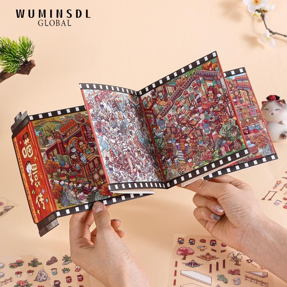 WUMINSDL Cabin Scene, Kawaii Design Scroll Style DIY Sticker Book, Meow Gets Into Character Cartoon 