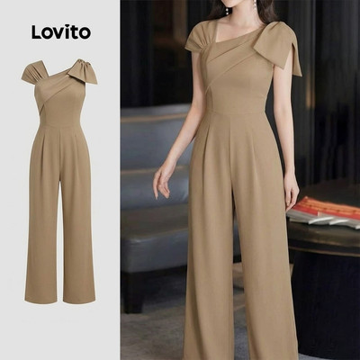 (New Arrival) Lovito Bộ liền thân dáng rộng có khóa kéo lệch kèm nơ màu kaki phong cách Xuân/Hè cho nữ L195ED1000
