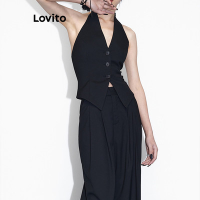 Lovito thanh lịch Áo Tank Top Plain Backless Nút Tank Top dành cho nữ LNE38007 (Trắng / Đen)