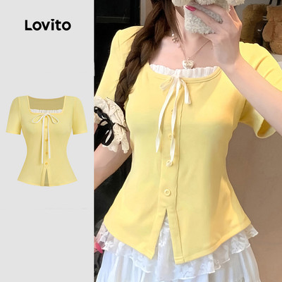 Áo thun nữ Lovito vàng xuân hè xẻ trước ghép nối màu sắc buộc phía trước phong cách thường ngày L190ED124