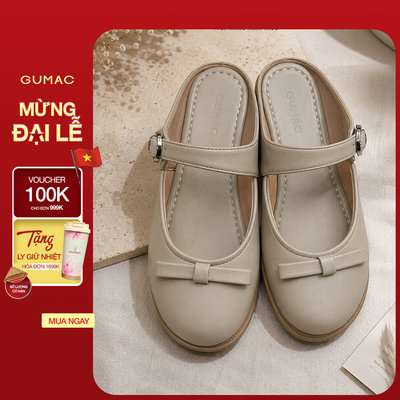 Giày Sục Nữ GUMAC Gót Cao 4cm Mũi Tròn Đính Nơ Quai Ngang Khóa Kim Loại Thanh Lịch Dễ Phối Đồ GG08100