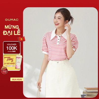 Áo Polo Nữ Dáng Suông GUMAC Cổ Tròn Vải Thun Gân Sọc Phối Cổ Và Nẹp Nút  PLE11036