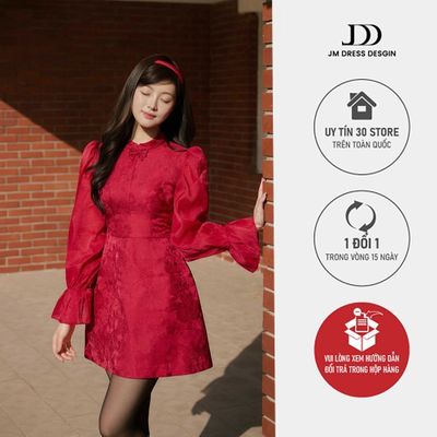 Đầm Cổ Tàu Đính Cúc Tay Phối Tơ Loe Gấu 1F35.2510, Đầm Cổ Tàu Kín Đáo Form A Ôm Eo Vibe Tiêu Thư Thanh Lịch Design By JM