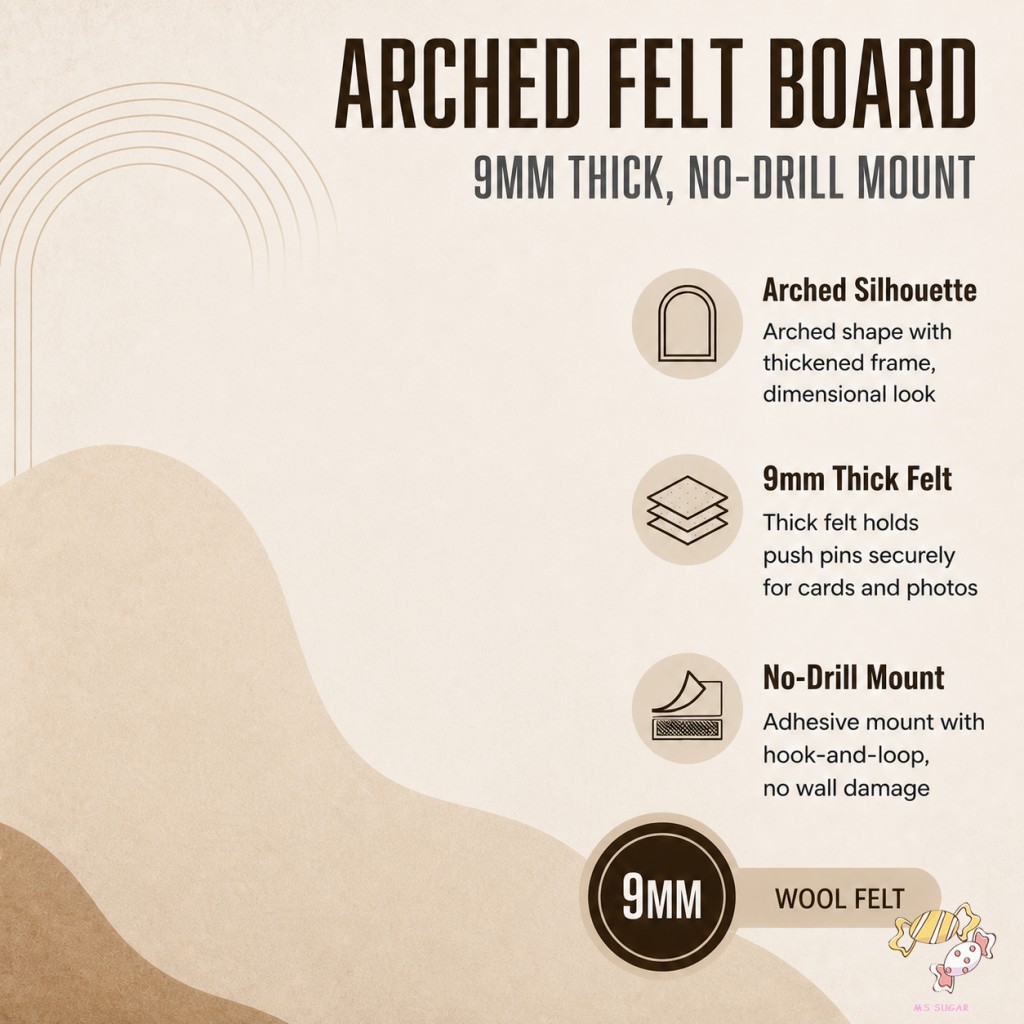 Arch Felt Bulletin Board 9mm Dày Push Pin Memo Board Không Khoan Dính Treo Tường Kem Nâu 40x60cm 60x