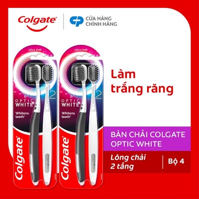 Bộ 4 bàn chải Colgate trắng răng Optic White Purple/ Optic White đầu chải rộng, lông chải 2 tầng xoắn kép