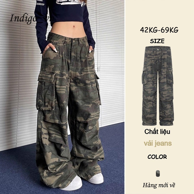 【Indigo】 Quần Yếm Rằn Ri Túi Lớn Quần Jean Nữ Giặt Cũ