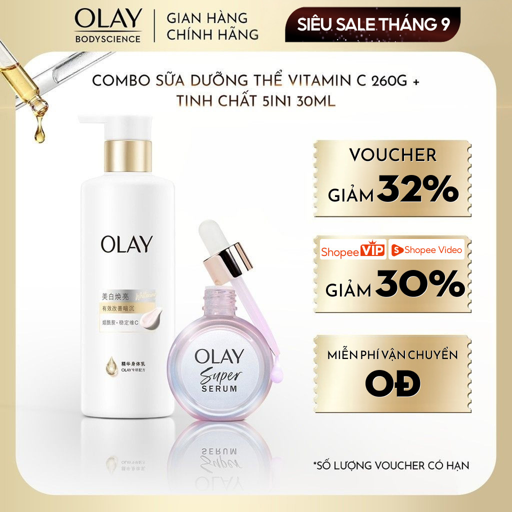 [LIVE] Combo Sữa dưỡng thể Sáng da Olay Niacinamide & Vitamin C 260g + Super Serum OLAY 5in1 30ml