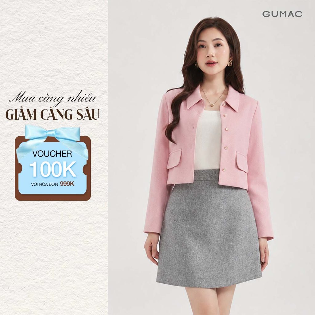 Áo Khoác Nữ GUMAC Dáng Suông Lửng Phối Lá Cổ Lật Chất Bố 2 Lớp Đứng Form Thanh Lịch LOWF0903