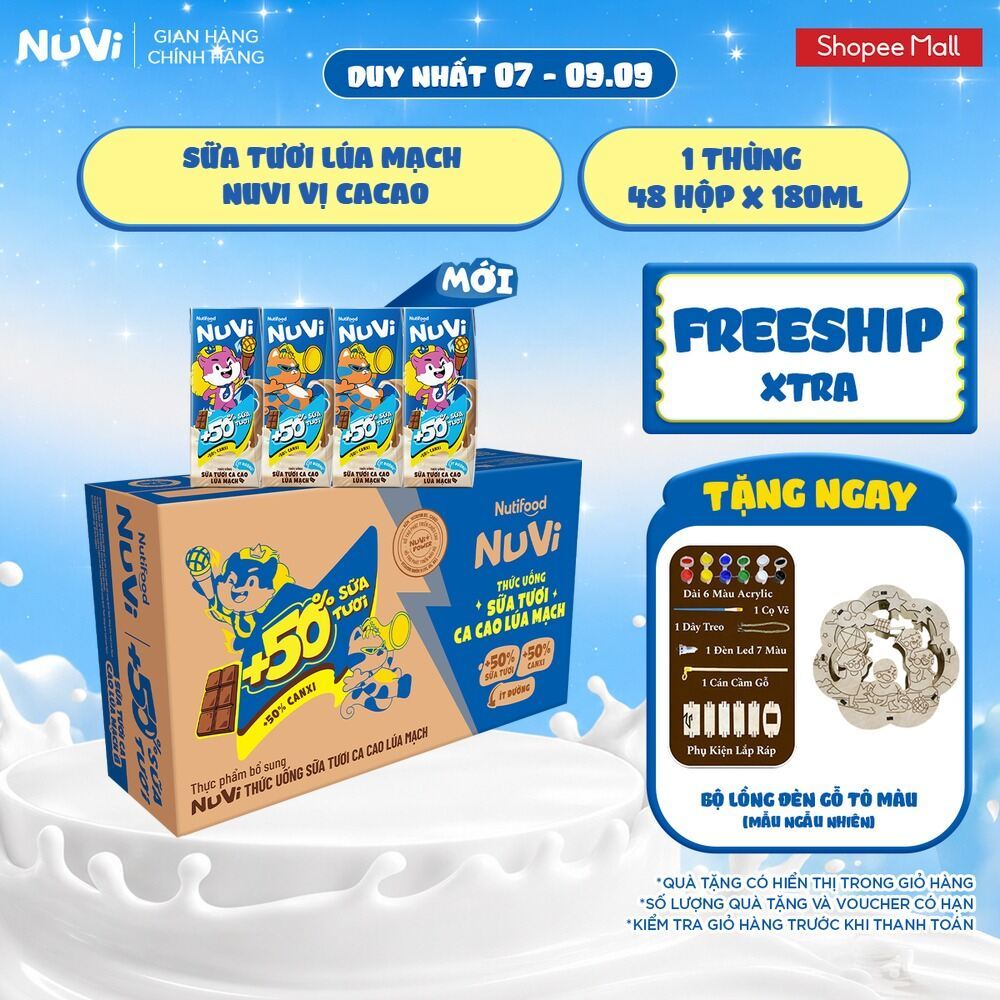 Thùng 48 Hộp Thức Uống Sữa Tươi Lúa Mạch NuVi Vị Cacao 180ml