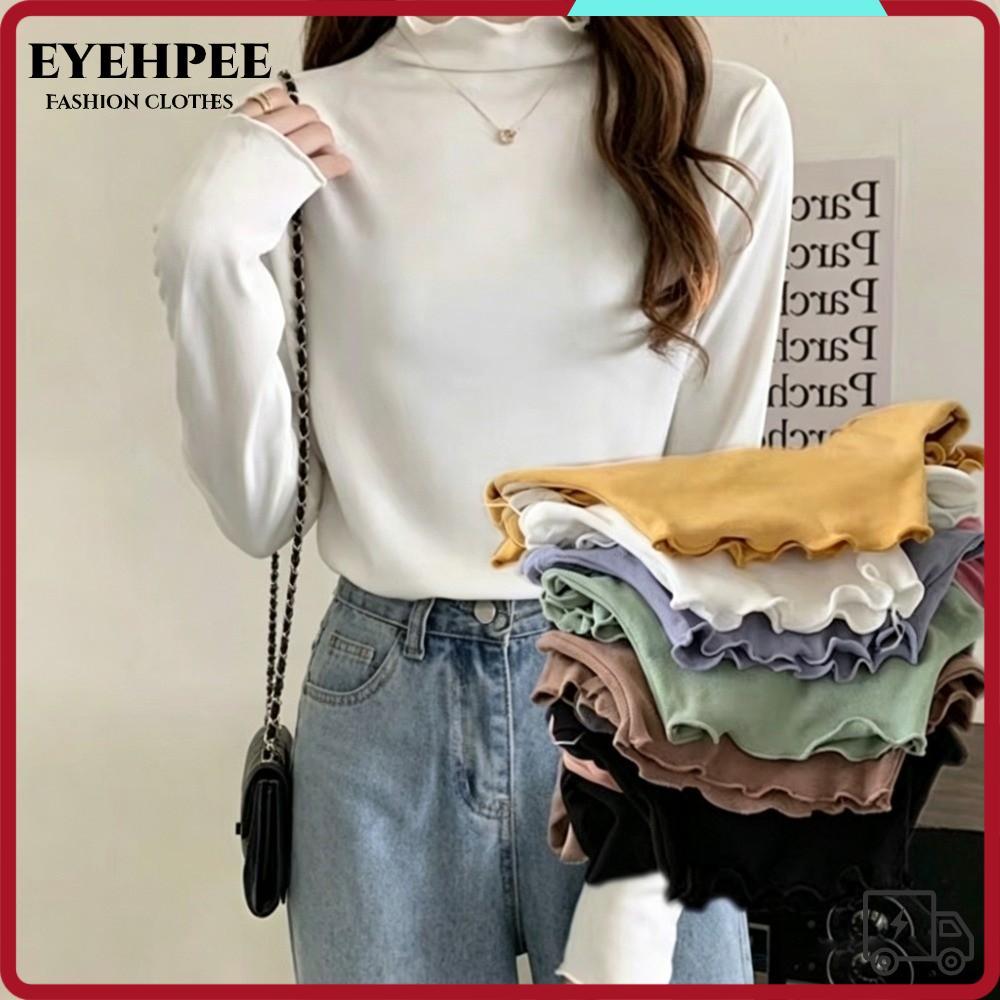 EYEHPEE Áo thun dài tay EYEHPEE, Soft Warm Ruffle Trim Mock Neck Base Layer Top, co giãn dài tay màu