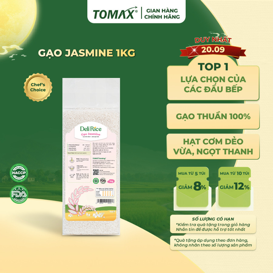 [ĐÃ VỀ HÀNG] Gạo Jasmine Deli Rice 1kg Dẻo Mềm, Tơi Xốp, Ngọt Thơm Tự Nhiên - TOMAX