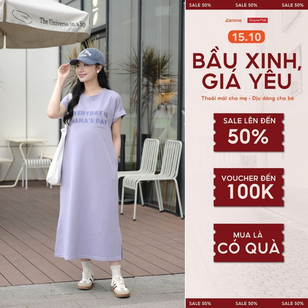 Váy Bầu, Đầm Bầu Dáng Suông MAMA DRESS Chất Liệu Cotton Double Face Dày Dặn, Thấm Hút Mồ Hôi - Lamme