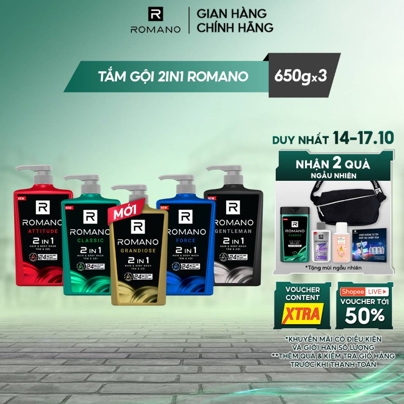 Combo 3 Tắm gội cho nam 2in1 cho nam Romano Attitude/Gentleman/Force/Classic (650g x 3)