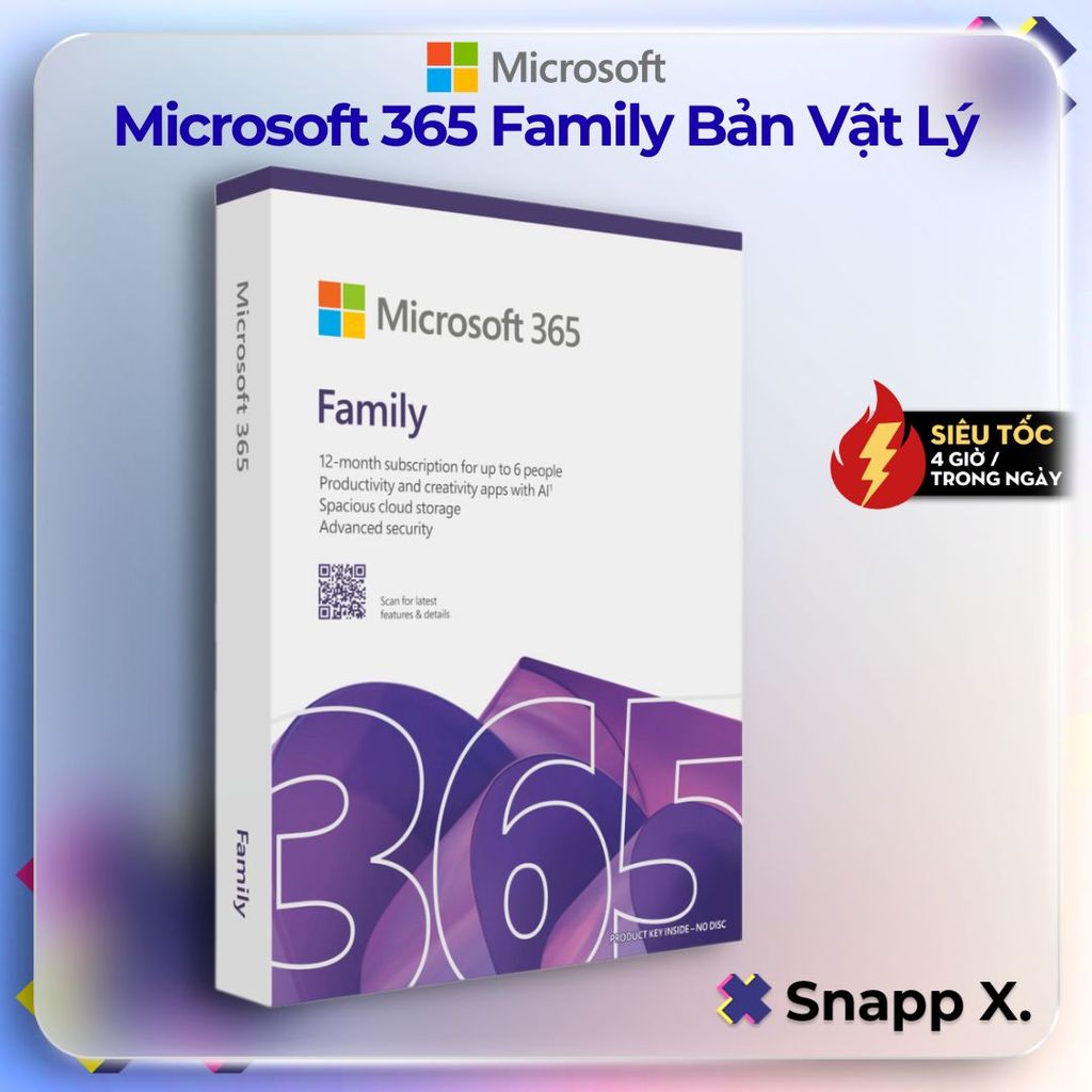 Microsoft 365 Family 12 tháng cho 6 người, 5 thiết bị/người, trọn bộ ứng dụng Office và 1TB lưu trữ 