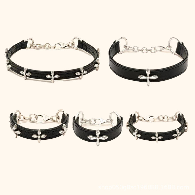 SMFK Black Garden leather cross flower leather high collar neck ring, wide bracelet, anklet, designe