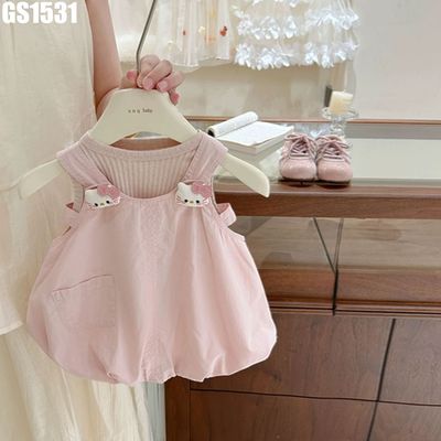 Đầm Yếm Bé Gái Màu Hồng Phấn Đính Mặt Mèo Túi Trước Form Xòe Mềm Thoáng Mùa Hè MINTSCLOSET GS1531