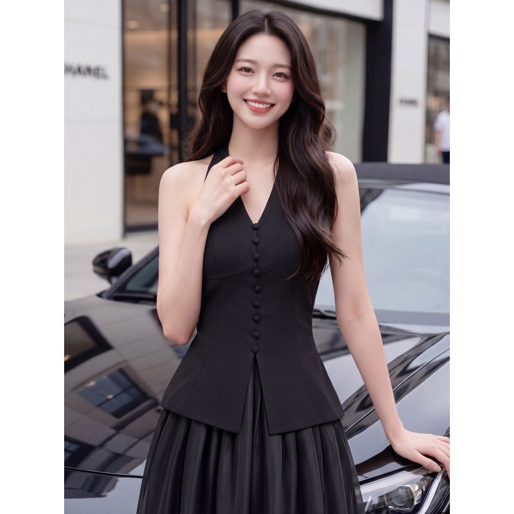 YM Concept Set Áo GiLe Cổ Yếm Phối Nút Bọc Và Chân Váy Xoè - D1646