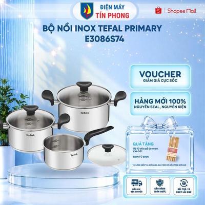 Bộ nồi inox Tefal Primary 16/20/24cm (E3086S74), dùng được mọi loại bếp, hàng chính hãng.