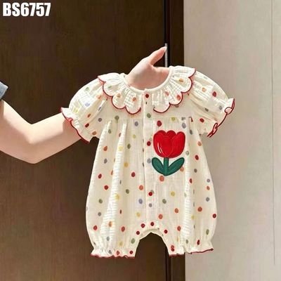 Body Liền Quần Bé Gái Tay Phồng Màu Kem Chấm Bi Cổ Cánh Hoa Thêu Tulip MINTSCLOSET BS6757