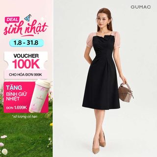 Đầm Nữ Dáng A Xòe GUMAC Thiết Kế Cổ Vuông Phối Tơ Xếp Ly Tay Phồng Thanh Lịch LDE0701