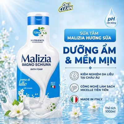 Sữa Tắm Dưỡng Ẩm Hương Kem Sữa Ngọt Ngào Malizia Bagno Schiuma Crema Di Latte Làm Sạch Dịu Nhẹ Cho Da 1000ml/Chai