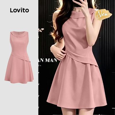 (New Arrival) Lovito Đầm thường ngày dáng xếp li mùa xuân/hè màu hồng cho nữ L198ED322