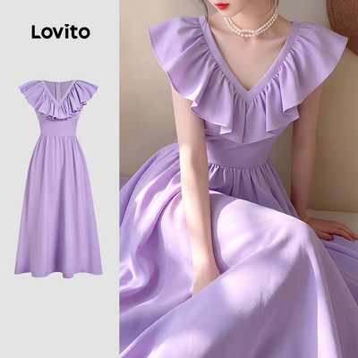(New Arrival) Lovito Đầm Tím Phong Cách Resort Nữ Tay Phồng Chất Liệu Nhẹ Nhàng Mùa Xuân/Hè L195AD321