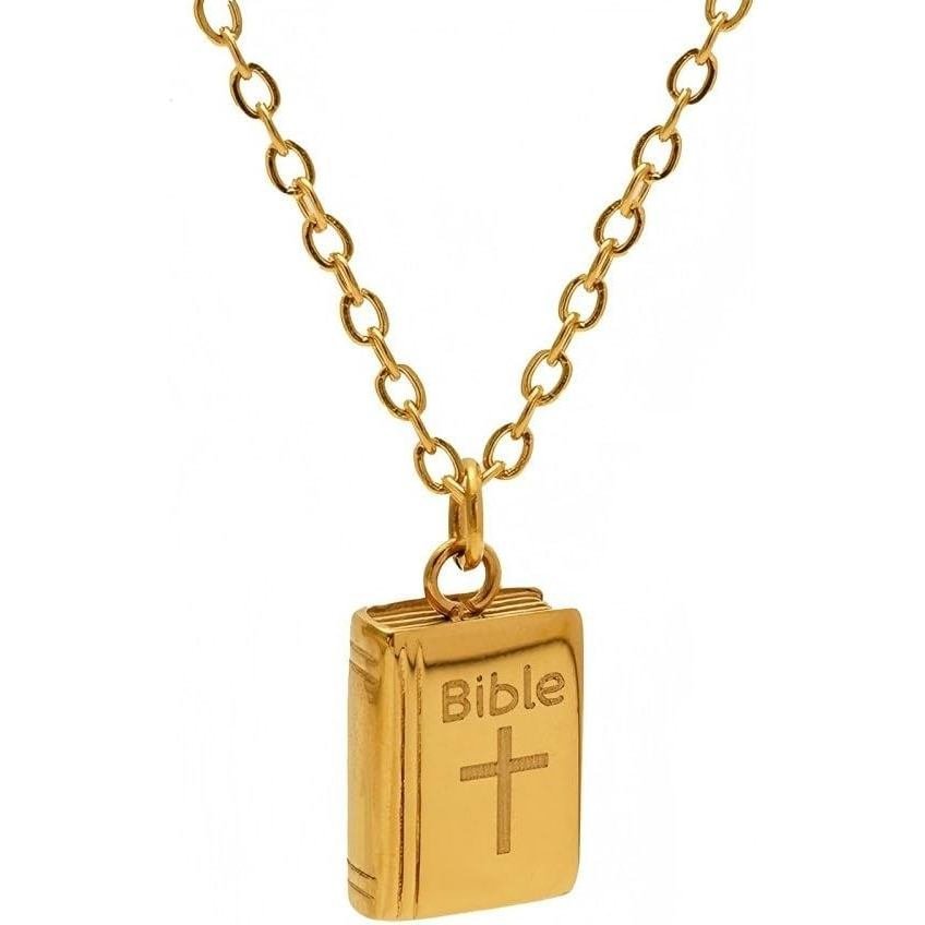 Holy Bible Pendant Necklace for Women Men Gold Stainless Steel Book Necklaces Religious Christian Cr