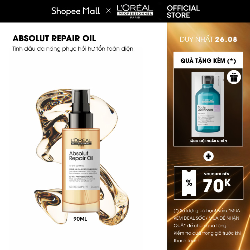 Tinh dầu dưỡng tóc 10 trong 1 phục hồi hư tổn toàn diện chuyên nghiệp Absolut Repair Oil 90ml - Dành cho tóc khô xơ, hư