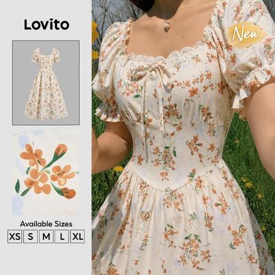 (New Arrival) Lovito Váy nữ cổ bèo nhún thắt dây váy xuân hè thanh lịch DRK8P1D622