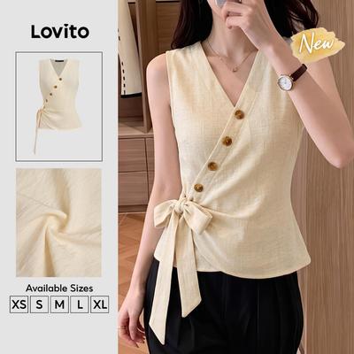 (New Arrival) Lovito Áo kiểu nữ thanh lịch dáng không đối xứng buộc dây màu kaki nhạt phong cách xuân/hè TKK8P2D1049