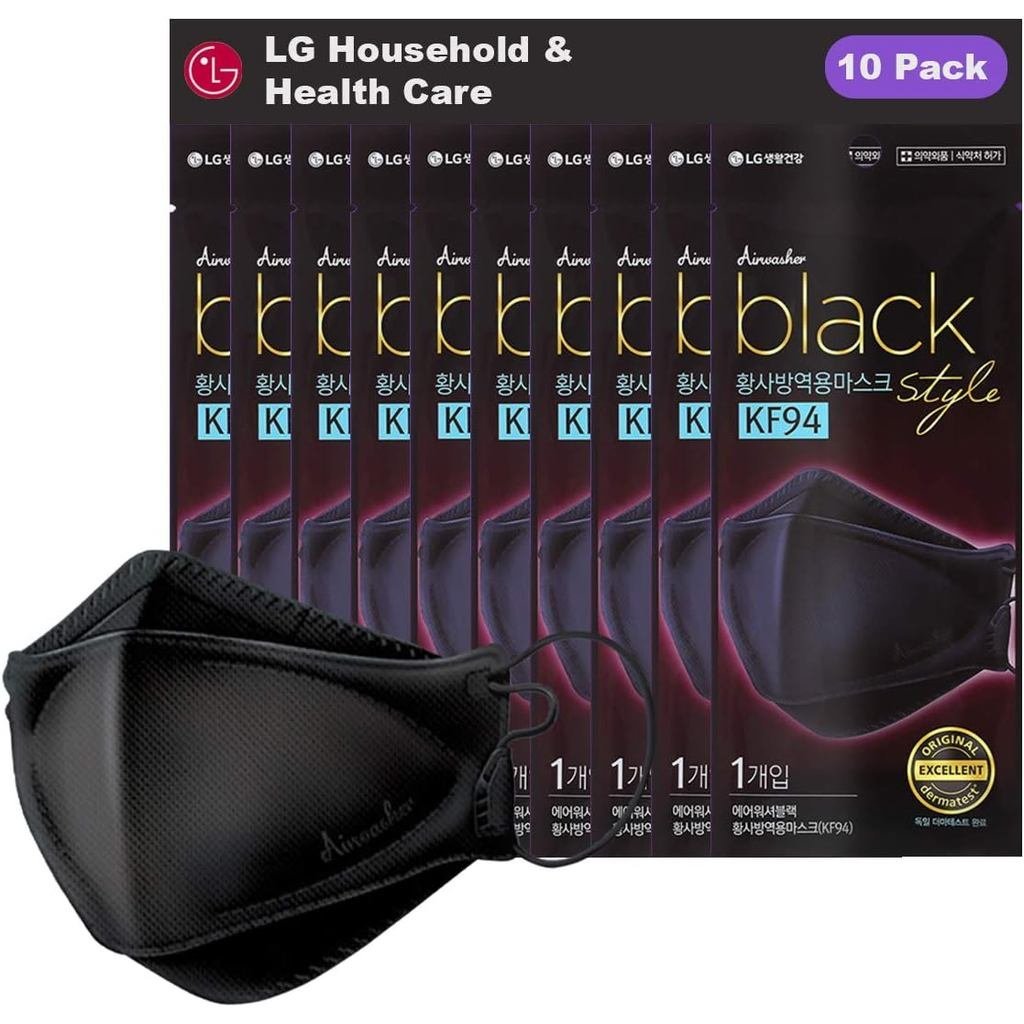 [LG Airwasher] KF94 Disposable Face Mask, 10 Pack - Made in Korea, Black Breathable Reusable Face Ma