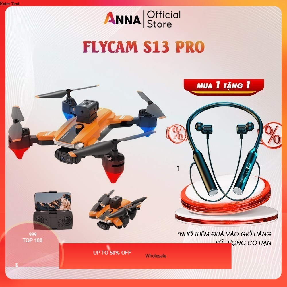 Flycam máy bay điều khiển từ xa, Flycam mini S13 pro động cơ chổi than, dung lượng pin 1800mAh, quay