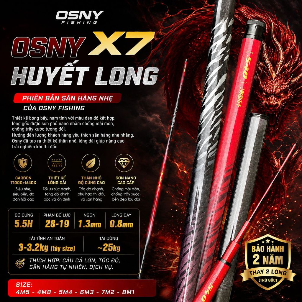 OSNY X7 Huyết Long – Cần Tay Săn Hàng Nhẹ, Thân Cần Khỏe, Giữ Cá Tốt Bảo Hành 2 Năm 2 Lóng Trừ Gốc