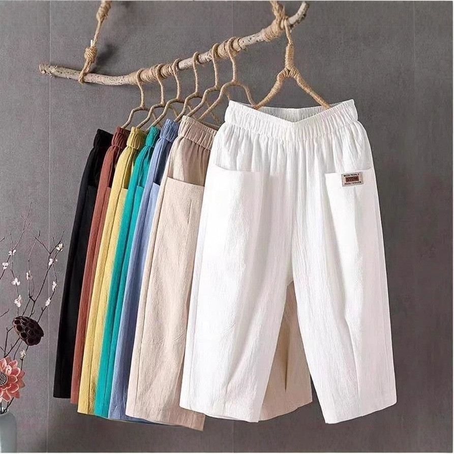 Quần crop Linen Cotton Nữ Rời Size Lớn Vải Lanh Co Giãn Eo Skinny Harem Quần _ Cab Store