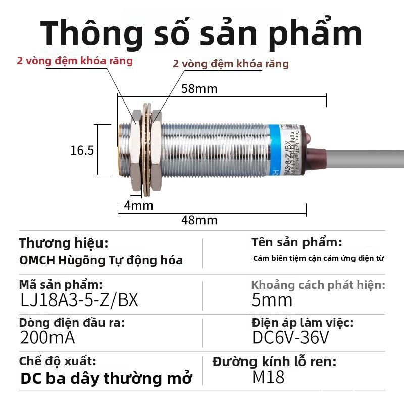 Công tắc tiệm cận Hugong LJ18A3-8-ZBX 3 dây NPN thường mở 24V DC M18