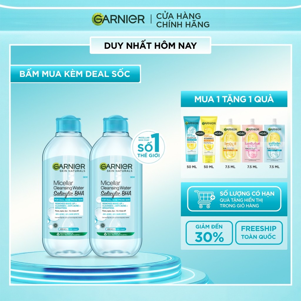 Bộ 2 Nước tẩy trang Garnier Cho Da Dầu Mụn Salicylic BHA Micellar 400ml x 2 (mới)