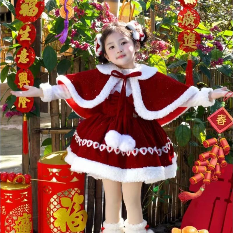 Trang phục Giáng sinh cho trẻ em, Váy bé gái ngày Tết, Áo đầm đỏ đón năm mới, Váy công chúa Lolita