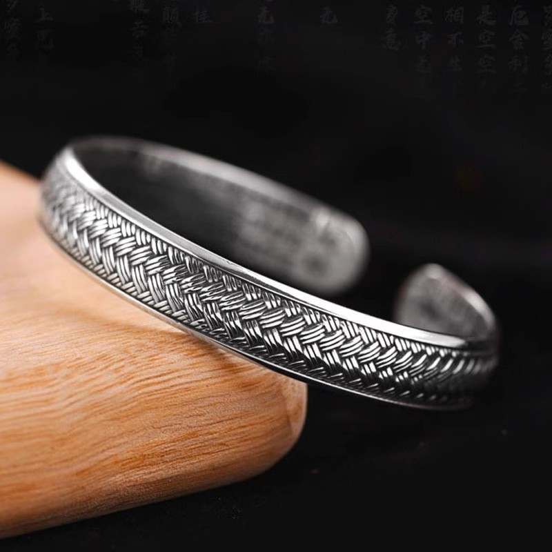 Premium Selection#Vintage Thai Silver Heart Sutra Bracelet for Men, Unique Design, Woven Surface, Co