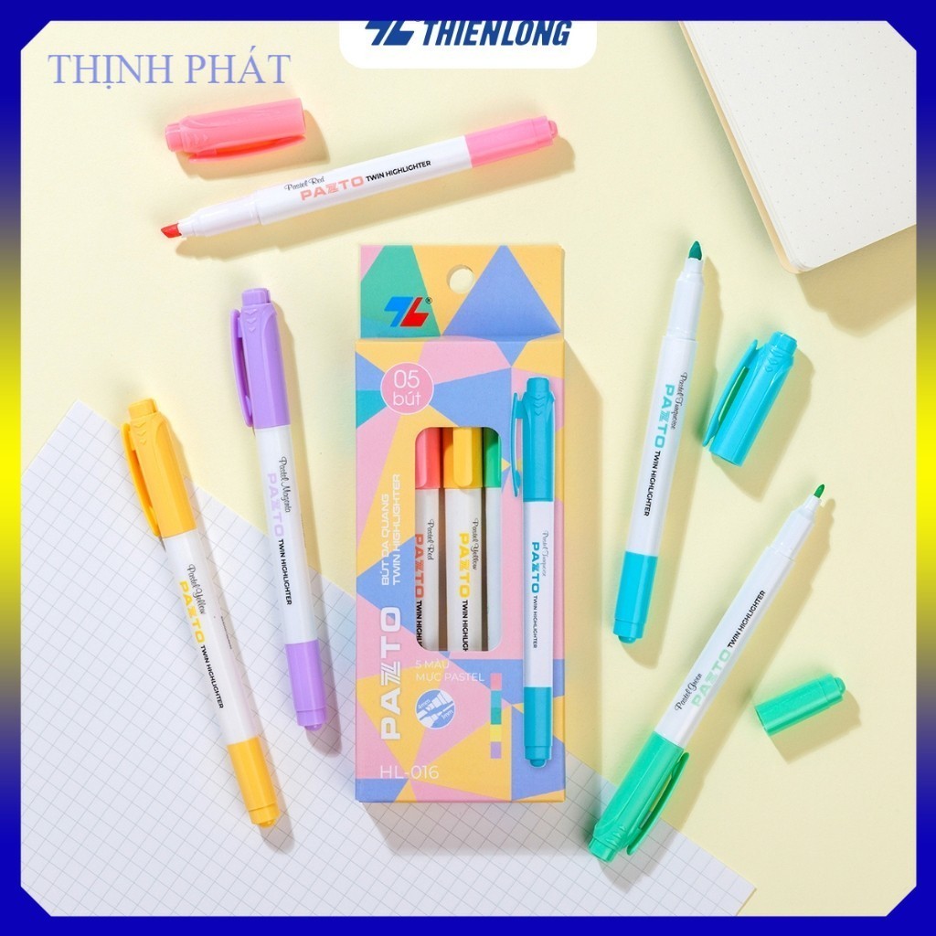 Hộp 5 bút dạ quang 2 đầu màu Pastel TL Pazto HL-016 - Màu highlight rửa được -(vppthinhphat)