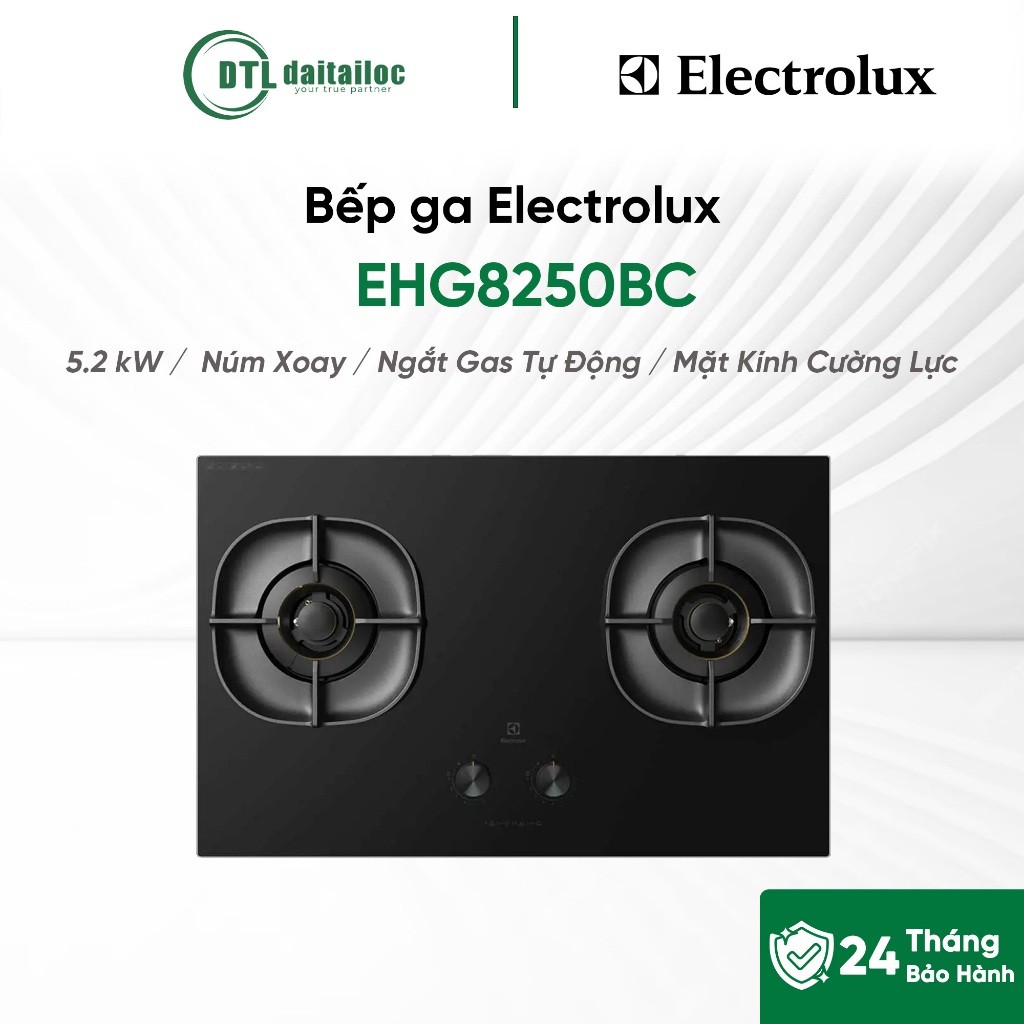 Bếp ga Electrolux EHG8250BC 5.2 kW Núm Xoay Ngắt Gas Tự Động Mặt Kính Cường Lực / Chính hãng / Bảo h