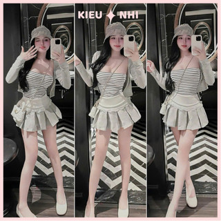 Set 3 Món Nữ Gân Đũa QC: Áo Khoác Cardigan + Áo Quây Kẻ + Chân Váy Xếp Ly Có Quần Lót Trong Dưới 52kg