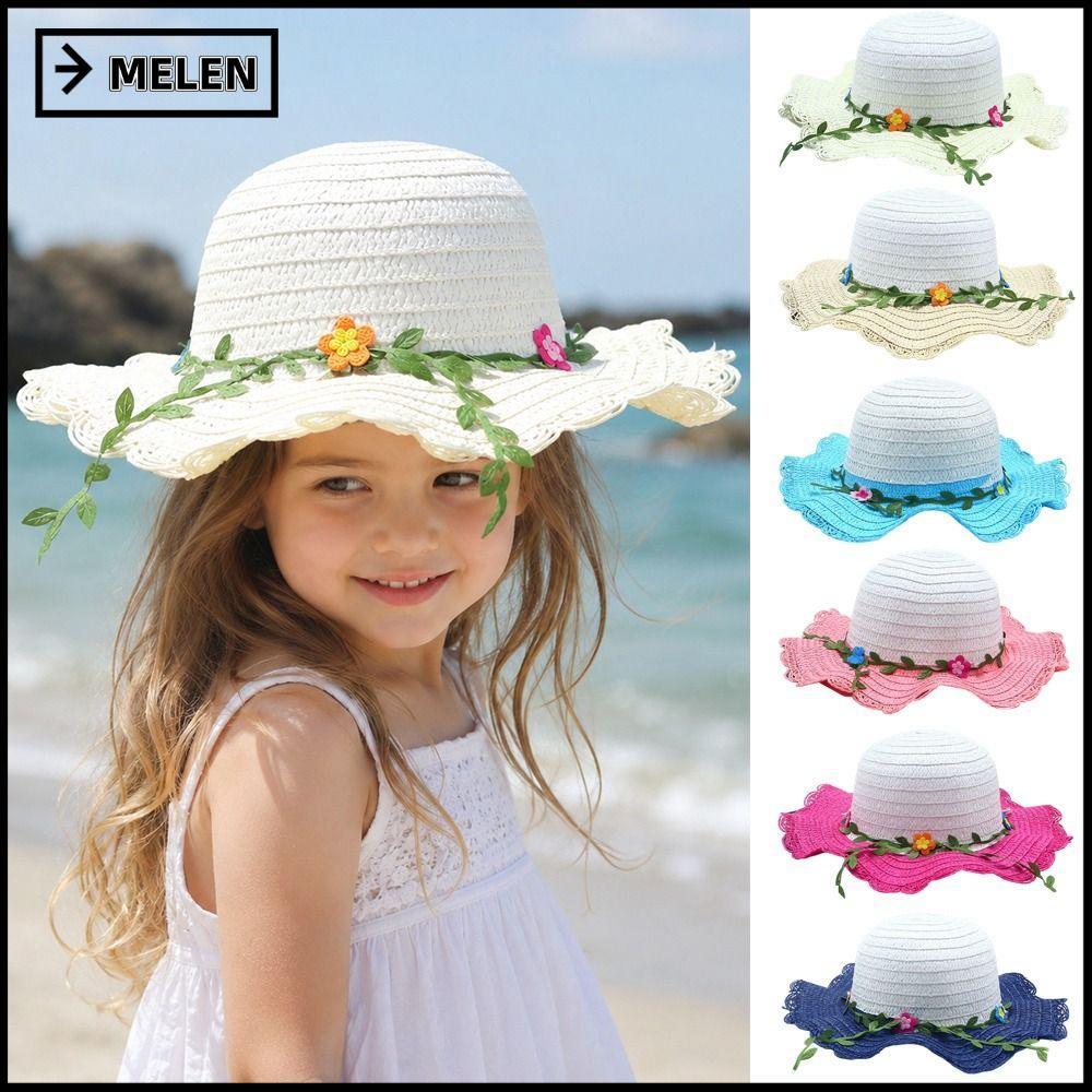 Mũ Rơm MELEN, Mũ Chống Nắng Vành Rộng Trang Trí Hoa, Mũ Đi Biển 3-7Year Handmade Ngọt Ngào