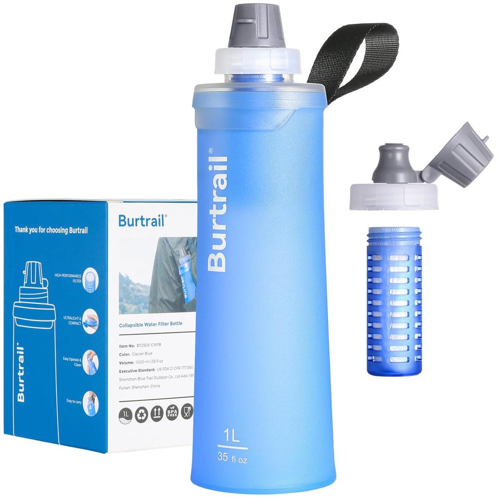 Outdoor Water Filter Bottle, BPA-Free Ultralight & Durable 1.0 L Collapsible Water Bottle with Two F