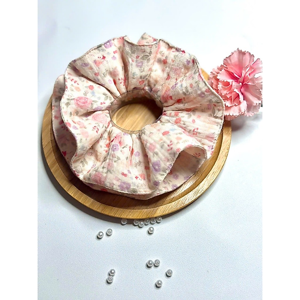 Scrunchies Hoa Hồng & Thỏ Vải Xô Muslin – Dây Buộc Tóc Vải Xô Muslin Mềm Mại, Êm Ái Không Đau Tóc