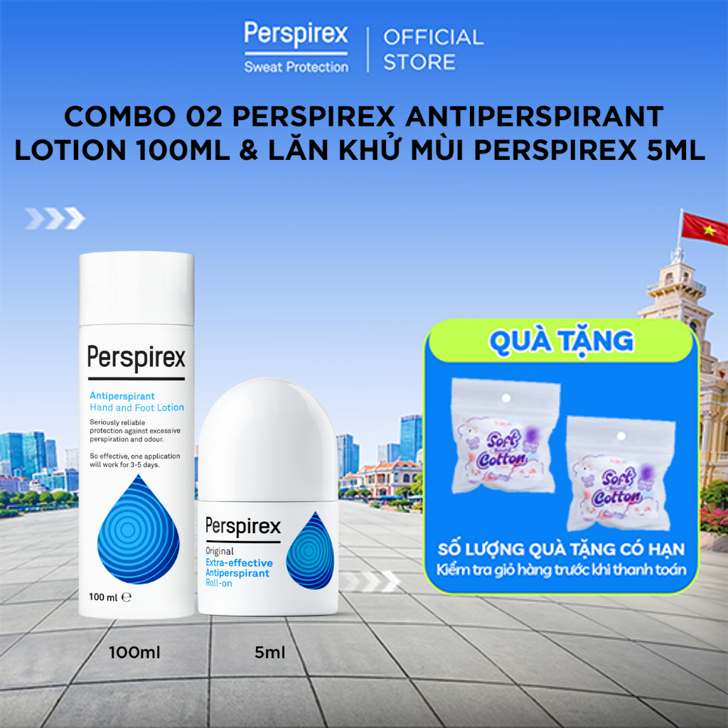 Combo Lotion ngăn mồ hôi tay & chân Perspirex Antiperspirant Hand & Foot lotion 100ml + lăn khử mùi 