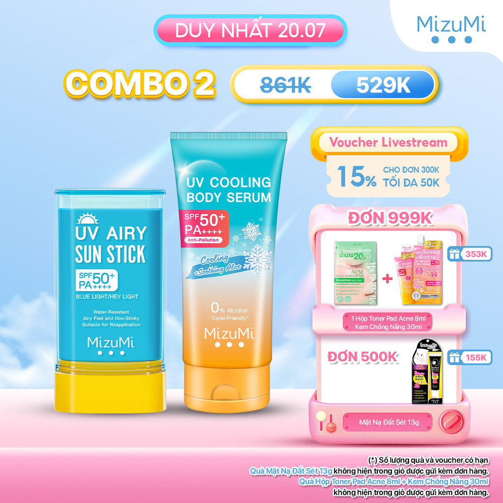 [MỚI] Combo Kem chống nắng MizuMi UV Cooling Body Serum 165ml và MizuMi UV Airy Sun Stick SPF50+ PA+