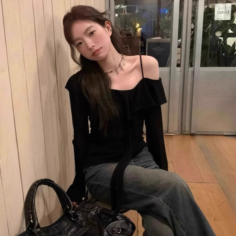 Mùa Hè Đen Xù Một Vai Đáy Áo Sơ Mi Nữ Phong Cách Mới Trà Phong Cách Sang Trọng Ngoài Vai Kem Chống N